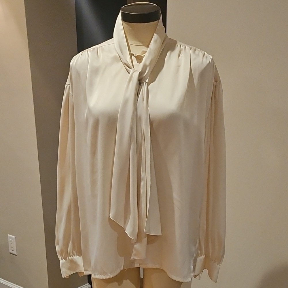 Chic Cream Women's Blouse with Tie Neck